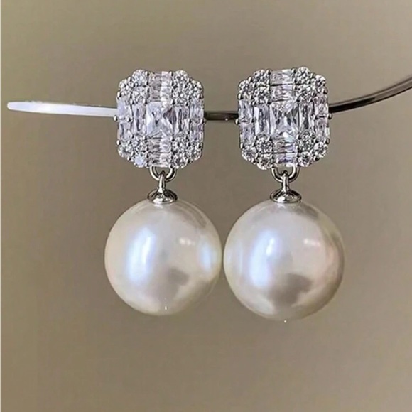 Stainless Steel Faux Pearl Rhinestone Drop Earrings - Picture 3 of 3